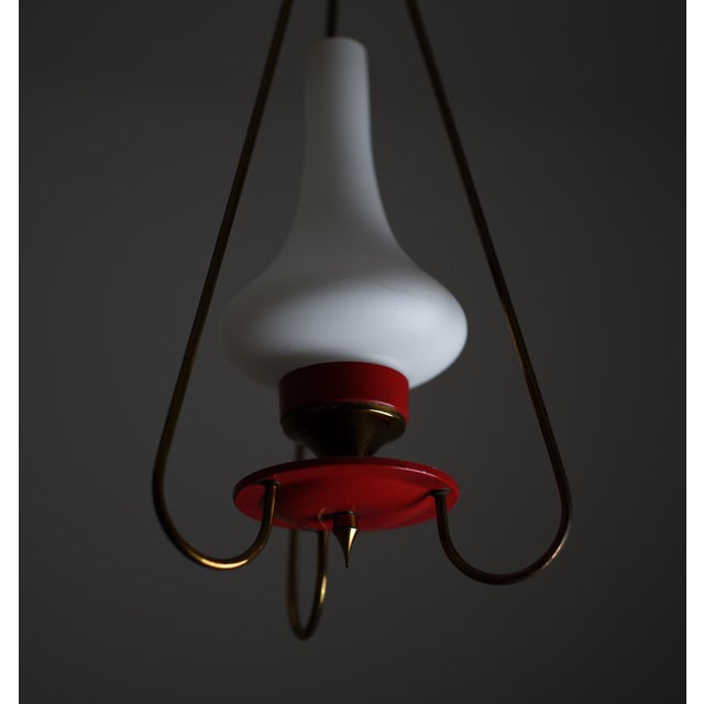 1950s Mid-Century Italian Pendant Lamp in Red Metal and Opaline Glass, 1950s For Sale - Image 5 of 7