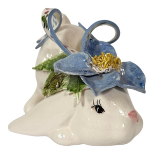 Vintage Ceramic Bunny With Majolica Flower & Ribbon - Signed