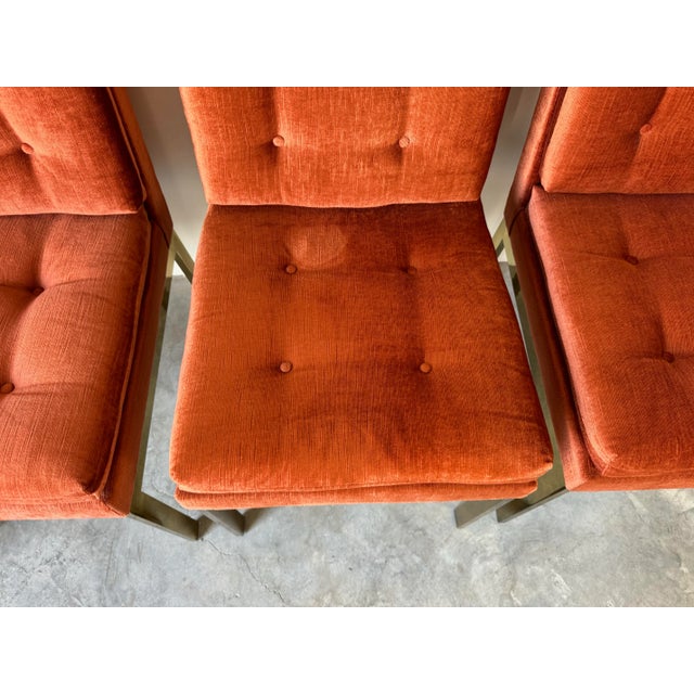 Metal Set of Four Mid- Century Brass & Orange Velvet Chenille Dining Chairs by Milo Baughman for Dia For Sale - Image 7 of 12
