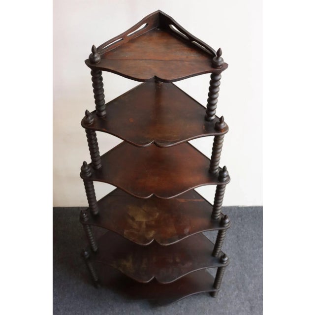 Early 20th Century Antique French Six-Tier Stained Mahogany Spool Form Corner Shelf / Etagere For Sale - Image 5 of 18