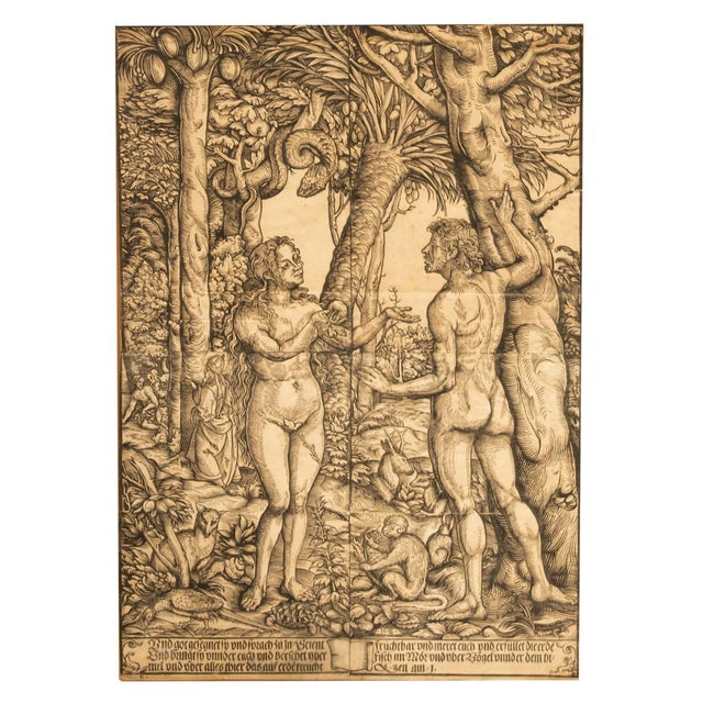 A rare and important monumental woodcut on paper, Adam and Eve by Hans Burgkmair the Elder ( 1473-1531 Augsburg, Germany...