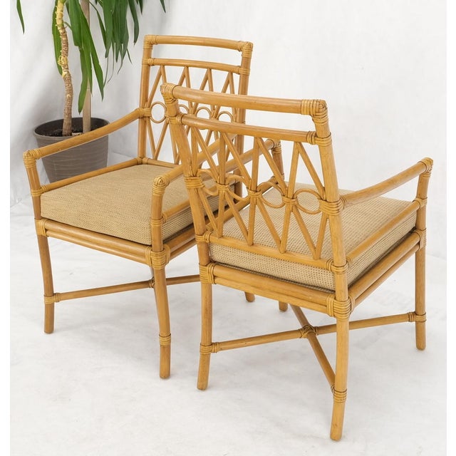 Pair Ficks Reed Blonde Rattan Leather Straps Design Armchairs Side