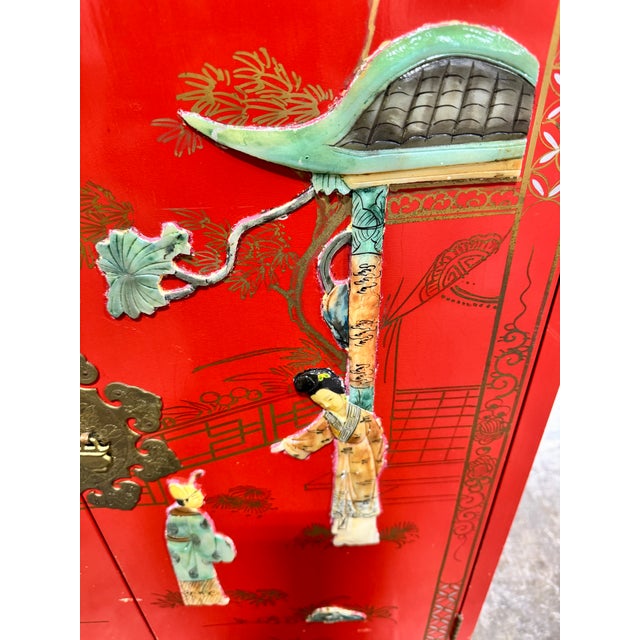Paint Vintage Chinese Red Chinoiserie Cabinet For Sale - Image 7 of 12