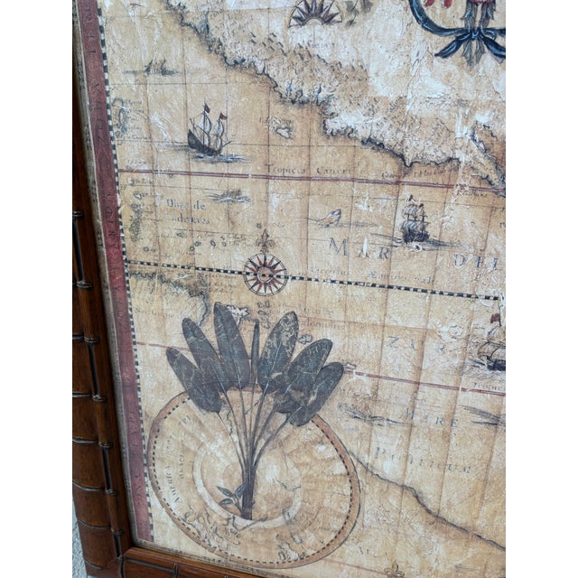 Tan Vintage Winn Devon "Nova Totius" Framed Decorative Map Print in Faux Bamboo Wood Frame | British Colonial Coastal Wall Art For Sale - Image 8 of 13