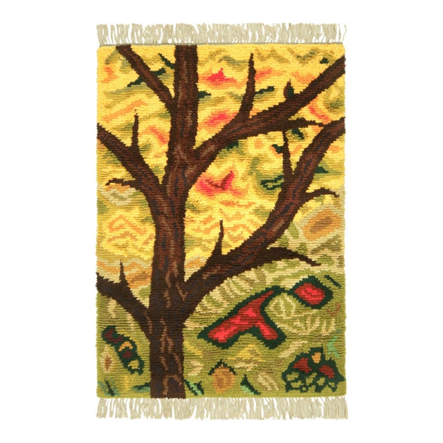 Vintage Swedish Rya Rug in Yellow and Brown With Tree Pictorial | Rug & Kilim For Sale