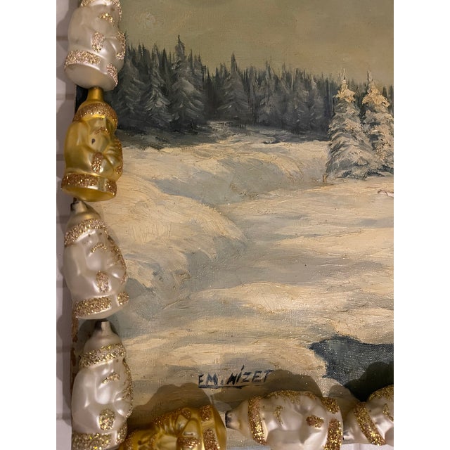 1940s Dark Vintage Winter Landscape in Figural Santas Ornamental Frame For Sale - Image 5 of 6