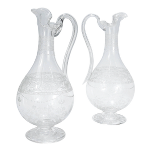 Pair of Antique Stourbridge Etched & Engraved Glass Water Pitchers or Decanters