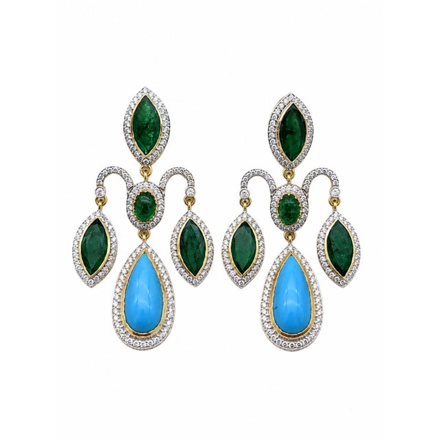 Metal Natural Turquoise, Emerald, & Diamond Earring in 14k Gold For Sale - Image 7 of 8