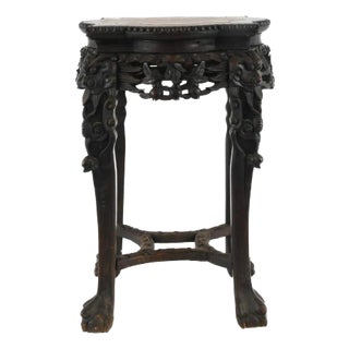 Antique Chinese Zhi Wood Carved Marble Top Inset Table For Sale