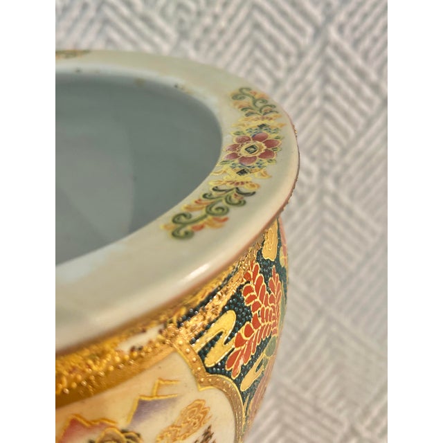 Wood Vintage Japanese Satsuma Style Hand-Painted Porcelain Jardinière Cachepot With Wood Ming Style Stand For Sale - Image 7 of 12