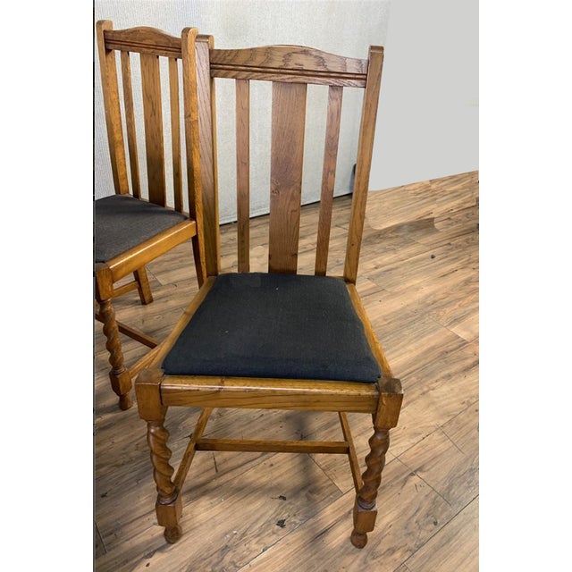Set Four Vintage Oak Mission Style Barley Twist Oak Black Dining Room Chairs For Sale - Image 4 of 14