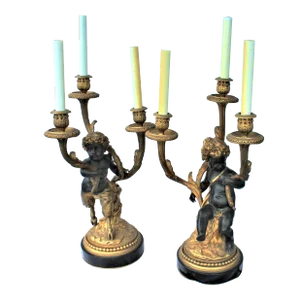 Mid-Century Cherub Male & Female Candelabra Lamps, Gold Dore - Set of 2