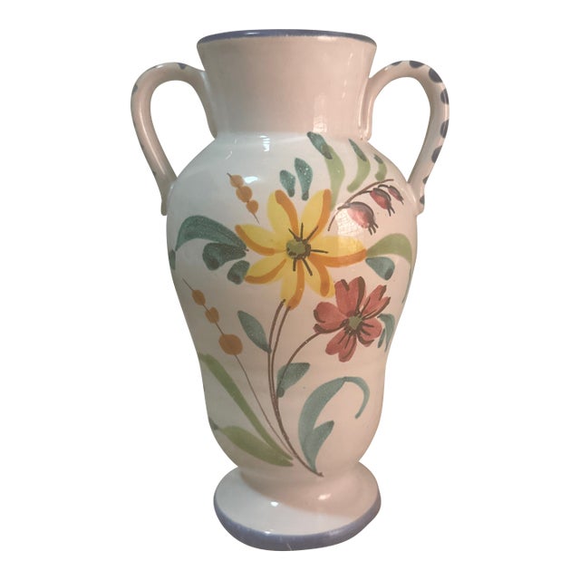 1970s Italian Pottery Vase Glazed Flower Motif Hand Painted For Sale