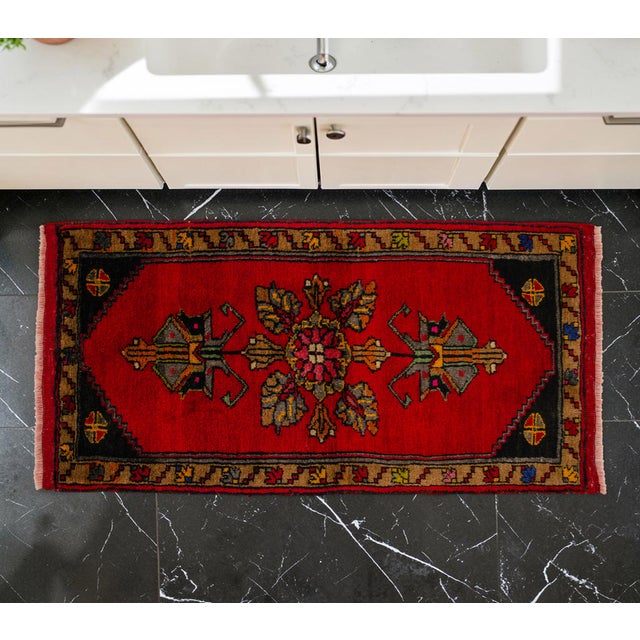 Farmhouse Hand Knotted Small Turkish Rug. Organic Wool 1960's Entryway Decor DoorMat, Accent Rug - 22'' X 44'' For Sale - Image 3 of 12
