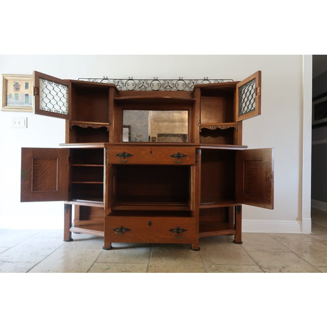 Early 20th Century Antique Oak Sideboard Buffet With Leaded Glass Cabinets & Mirror For Sale - Image 5 of 12