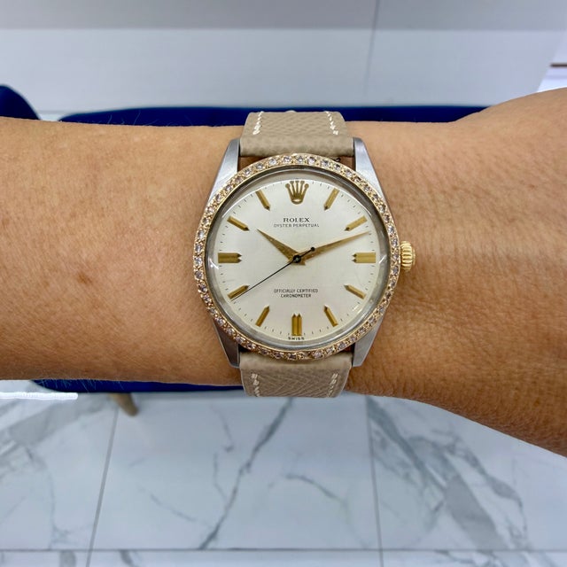 Gold Ladies Vintage Rolex Oyster Perpetual 34mm 6567 Diamond Bezel Steel Gold Watch For Sale - Image 8 of 8