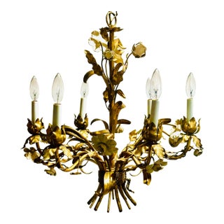 Vintage Italian Gilded Tole and Cream Enamel Floral 6-Light Chandelier For Sale
