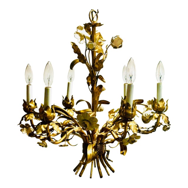 Vintage Italian Gilded Tole and Cream Enamel Floral 6-Light Chandelier For Sale