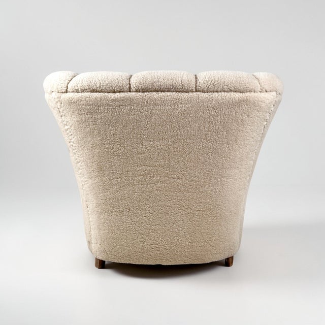 Art Deco Danish Scallop Back Oak and Sherpa Wool Armchairs, 1930s, Set of 2 For Sale - Image 12 of 13