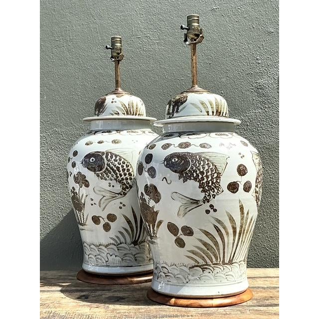 Metal Vintage Monumental Glazed Ceramic Koi Lamps - A Pair For Sale - Image 7 of 12