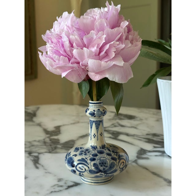 Petite Mid-Century Delftware Blue & White Hand Painted, Single Flower Vase For Sale - Image 11 of 11