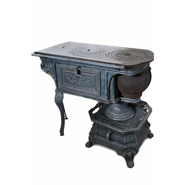 French Green Enamelled Cast Iron Wood Burning Stove For Sale - Image 6 of 6