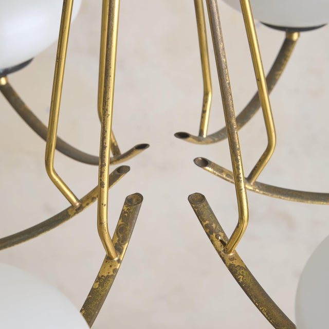 Italian Brass + Opaline Glass Chandelier in the Manner of Stilnovo, 1950s For Sale - Image 11 of 12