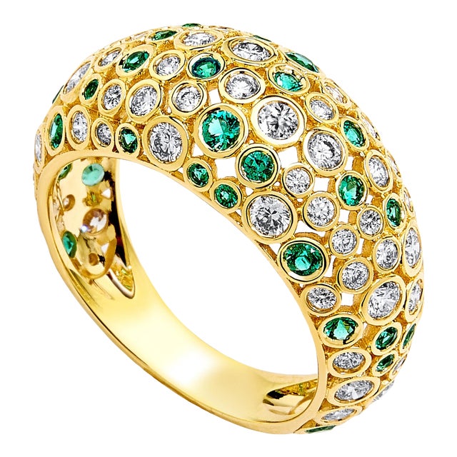 Syna Yellow Gold Mogul Ring with Emeralds and Diamonds For Sale