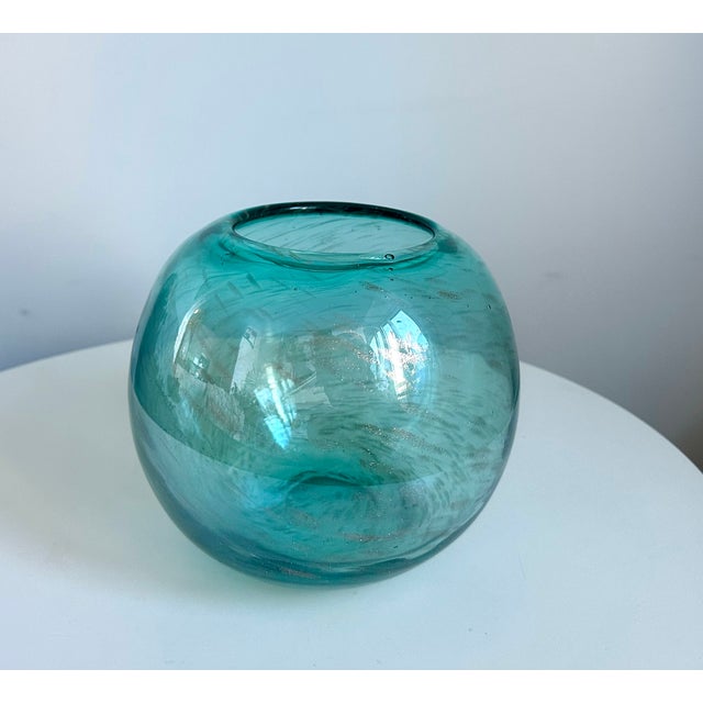 Beautiful mid century modern Italian Murano style art glass vase with a gold dust design infused in aqua glass, hand blown...