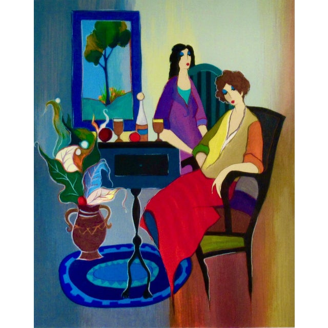 This artwork titled "After Dinner Relaxation" c.1980 is an original color serigraph on paper by Israeli artist Itzchac...