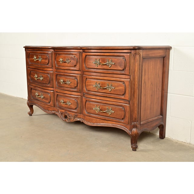 French Provincial Century Furniture French Provincial Louis XV Carved Cherry Wood Triple Dresser For Sale - Image 3 of 13