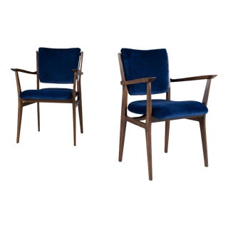 Blue Velvet Wooden Chairs, 1950s, Set of 2 For Sale