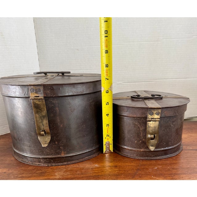 Antique Metal Military Hammered Hat Boxes Pair For Sale In Montgomery - Image 6 of 8