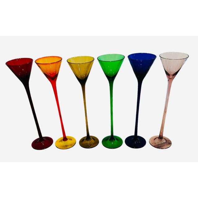 Vintage Colorful Stemware Tall Glass Flutes Set of 6 includes Red, Orange, Amber, Green, Blue, Purple
