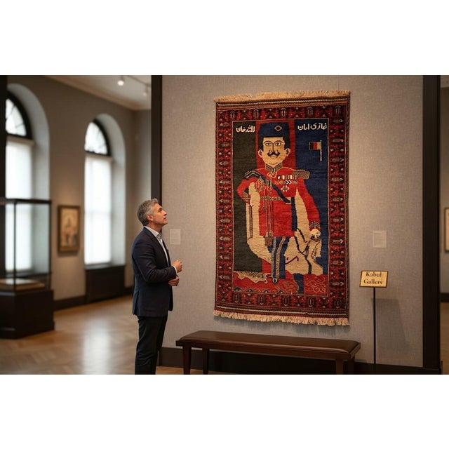 The balanced composition of this finely crafted rug features, among other motifs, a portrait of King Amanullah Khan in the...