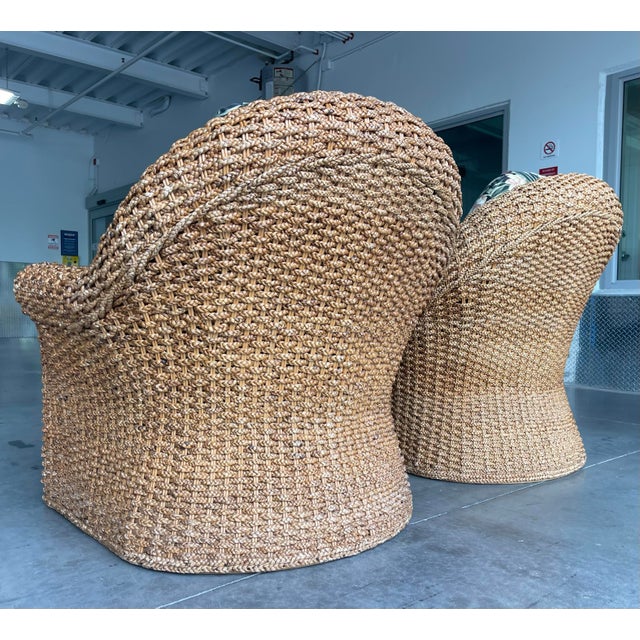 Vintage Sculptural Braided Rattan Lounge Armchairs in Tropical Upholstery, Pair For Sale In Naples, FL - Image 6 of 12