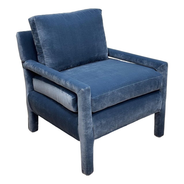 Vintage Newly Upholstered MCM Blue Velvet Parsons Chair For Sale