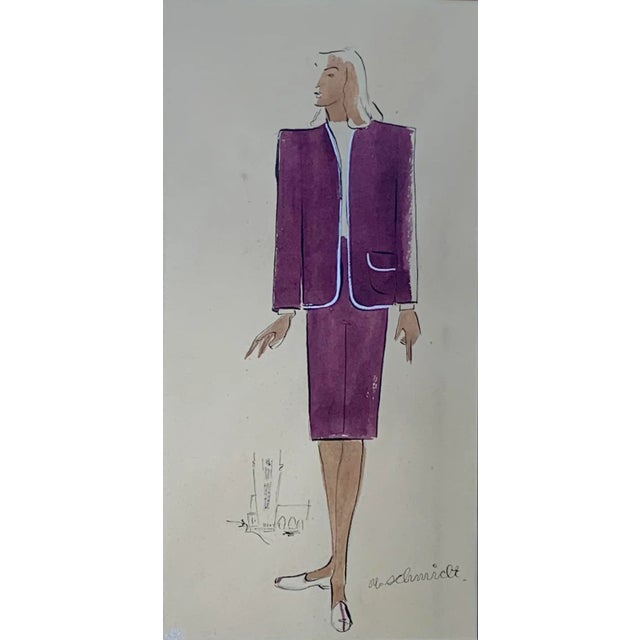 Original watercolor painting fashion rendering from the 1940s in its original framing. Signed M. Schmidt at lower right....
