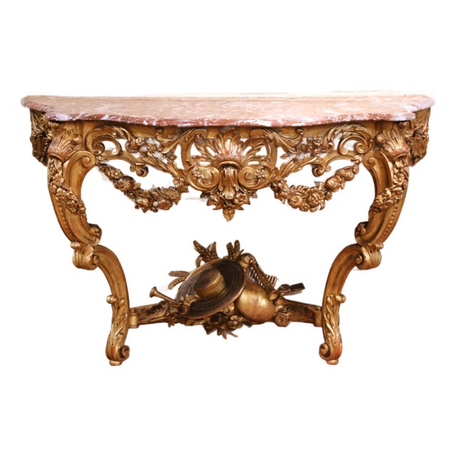 Early 19th Century French Louis XV Rococo Giltwood Console With Rouge Marble Top For Sale