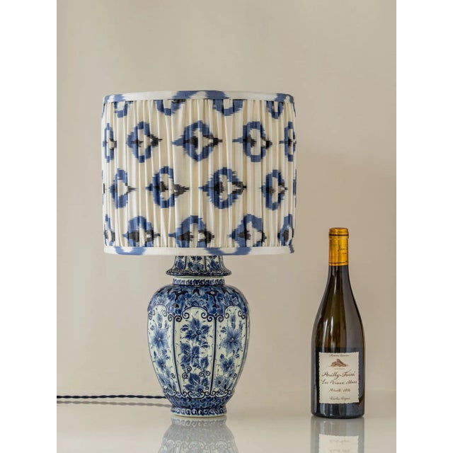 Boho Chic Dutch Delft Blue & White Ceramic Table Lamp with New Pleated Ikat Shade For Sale - Image 3 of 13