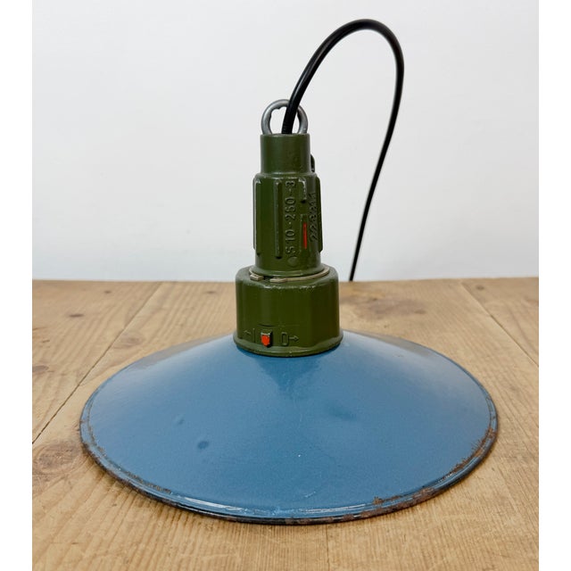 Industrial Blue Enamel Military Pendant Lamp with Cast Aluminium Top, 1960s For Sale - Image 12 of 17