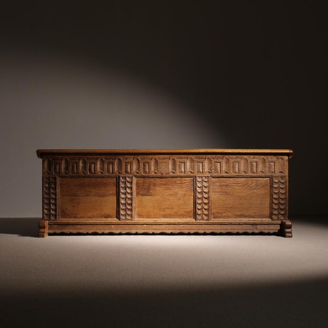 German Handcrafted Oak Chest with Rustic Carvings For Sale - Image 16 of 17