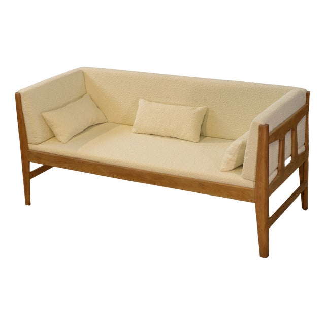 Oak and Ecru Bouclé Sofa by Guillerme et Chambron for Votre Maison, 1960s For Sale