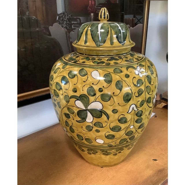 Italian Hand Painted Green and Yellow Ceramic Urn With Lid For Sale - Image 13 of 13