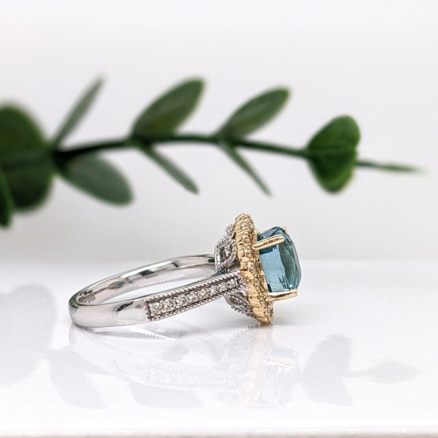 Metal 4.1Ct Blue Zircon Ring With Diamond Accents: Solid 14k Dual Gold, Oval 9x7mm, Size 6.75 For Sale - Image 7 of 8