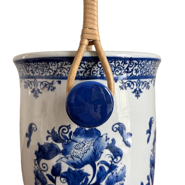 2020s Ceramic Floral Blue White Chinoiserie Champagne Bucket With Rattan Handles For Sale - Image 5 of 6