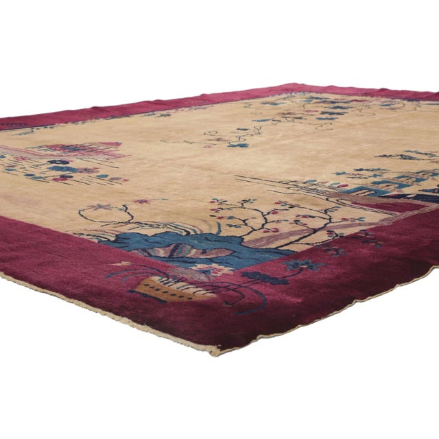 78175 Antique Chinese Art Deco Pictorial rug with Gazebo & Pagoda Scene 09'01 x 11'02. This hand knotted wool antique...