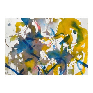 Vintage Blue & Yellow Abstract Watercolor by Les Anderson For Sale