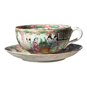 1920s Famille Rose Medallion Cup and Saucer Set- 2 Pieces
