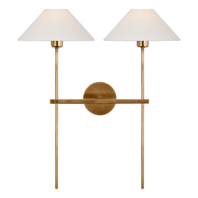 J. Randall Powers for Visual Comfort Signature Hackney 25" Double Tail Sconce in Hand-Rubbed Antique Brass with Linen Shades For Sale